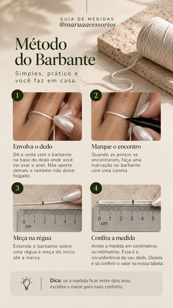 Como medir o tamanho do anel com barbante, caneta e régua.