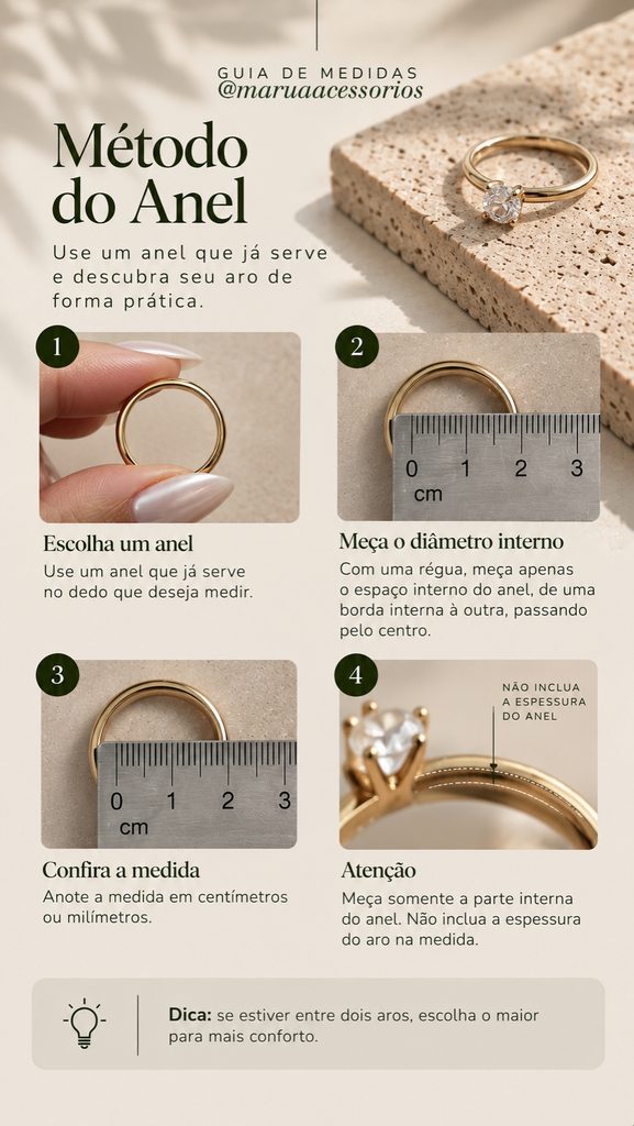 Como medir o tamanho do anel pelo diâmetro interno usando uma régua.