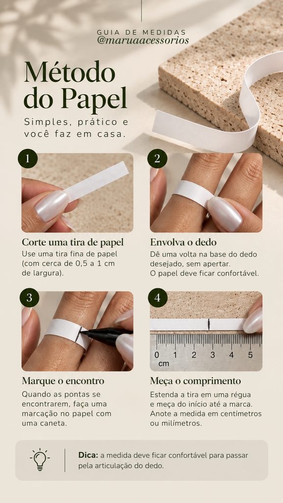 Passo a passo para medir a circunferência do dedo com uma tira de papel e descobrir o tamanho do anel.